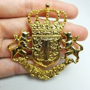 Vintage Ivan Trump Family Crest Brooch, Gold Tone Monogram Crown Animals Pin